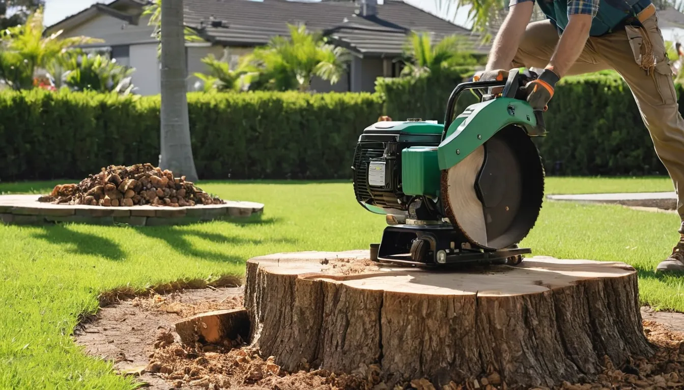 A provider grinding a tree stump in a backyard in Fort Meade with wood chips flying